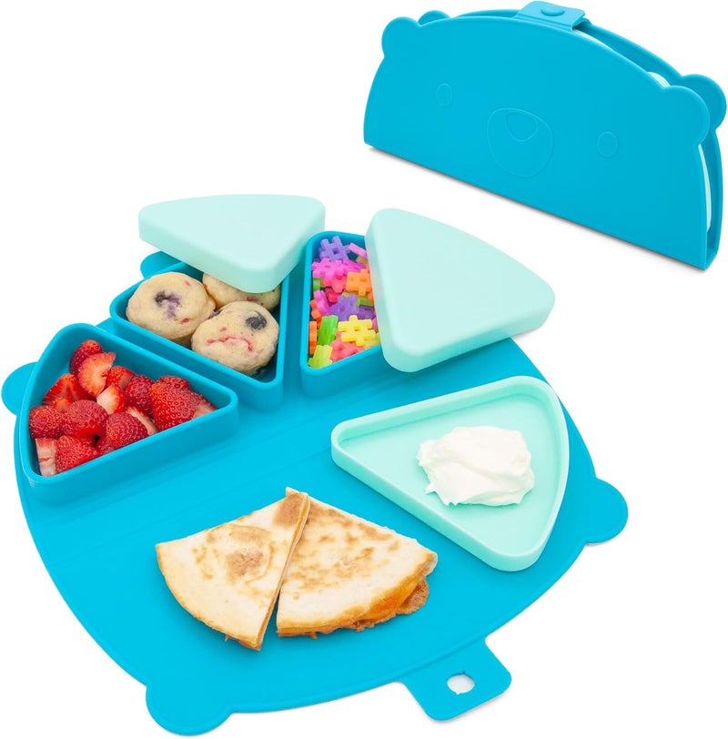 321 Grow Silicone On-The-Go Snack Mat – Foldable Reusable Placemat with 3 Compartments and Lids – Travel-Friendly Baby and Toddler Snack Plate – Dishwasher Safe (Ocean) - Image 1